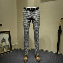 Load image into Gallery viewer, mens dress pants formal business slim fit fashion streetwear black white plaid suit pant wedding groom wear father day gift 36
